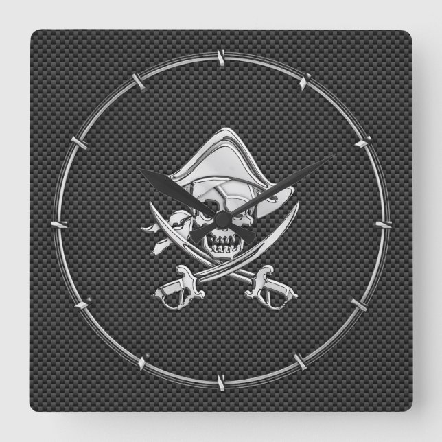 Chrome like Pirate on Black Carbon Fibre Quadratische Wanduhr (Vorderseite)