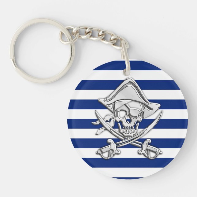 Chrome like Pirate on Navy Stripes Schlüsselanhänger (Vorderseite)