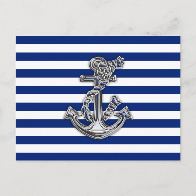 Chrome Like Rope Anchor auf Nautical Stripes Postkarte (Vorderseite)