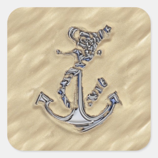 Chrome Like Rope Anchor in the Sand Quadratischer Aufkleber (Vorderseite)