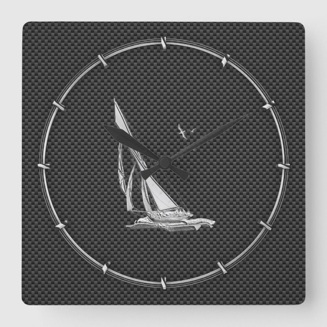 Chrome Like Sailboat on Carbon Fiber Quadratische Wanduhr (Vorderseite)