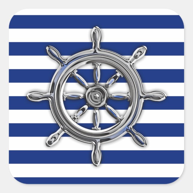Chrome Like Wheel auf Nautical Stripes Quadratischer Aufkleber (Vorderseite)
