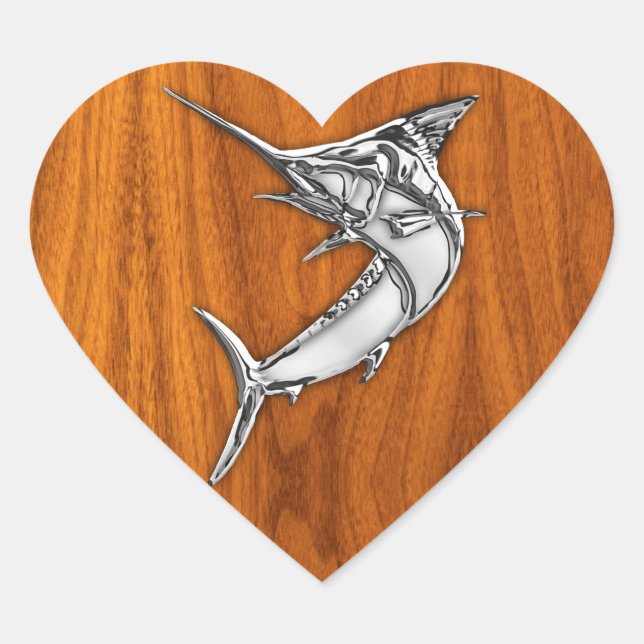 Chrome Marlin auf Teak Wood Herz-Aufkleber (Vorderseite)
