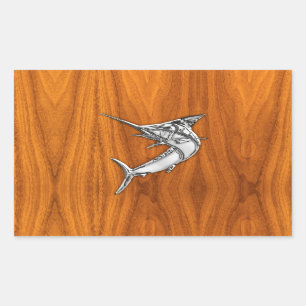 Chrome Marlin auf Teak Wood Rechteckiger Aufkleber
