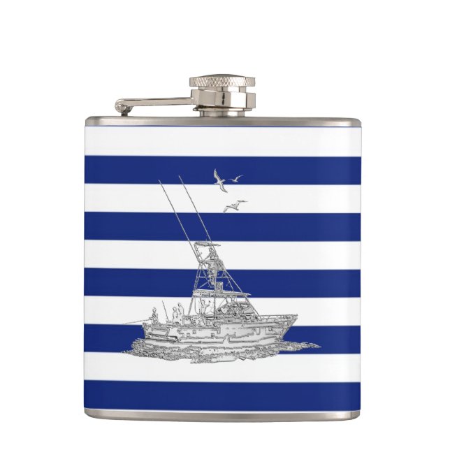 Chrome Marlin Fishing Boat on Navy Strips Flachmann (Vorderseite)