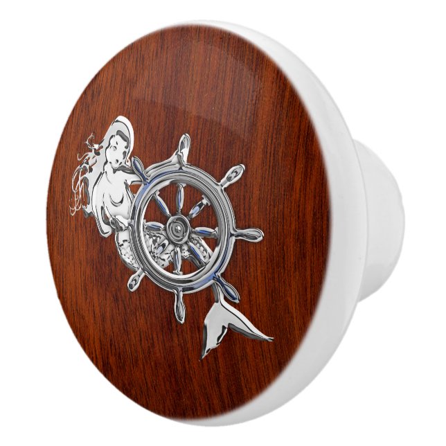 Chrome Mermaid auf nautical Mahogany Grain Print Keramikknauf (Rechts)