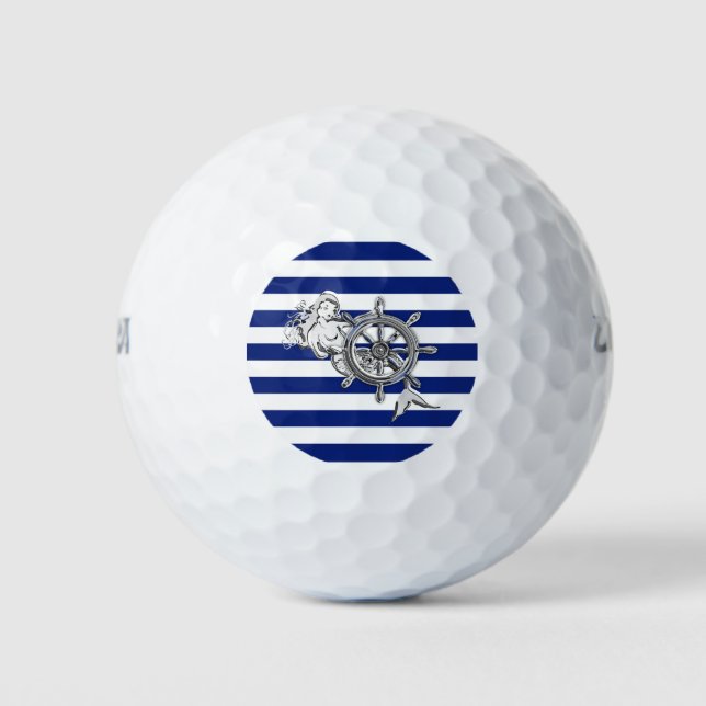 Chrome Nautical Mermaid Print auf Navy Strips Golfball (Vorderseite)