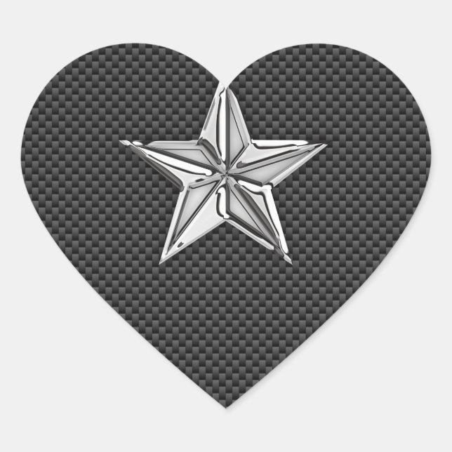 Chrome Nautical Star auf Kohlenstofffaser Herz-Aufkleber (Vorderseite)