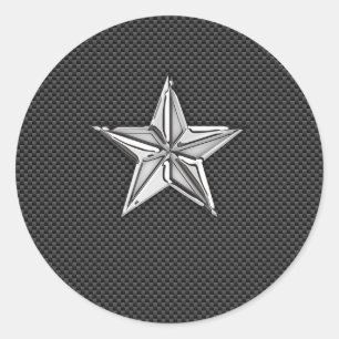 Chrome Nautical Star auf Kohlenstofffaser Runder Aufkleber