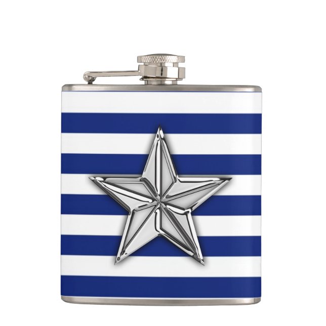 Chrome Nautical Star auf Navy Stripes Flachmann (Vorderseite)