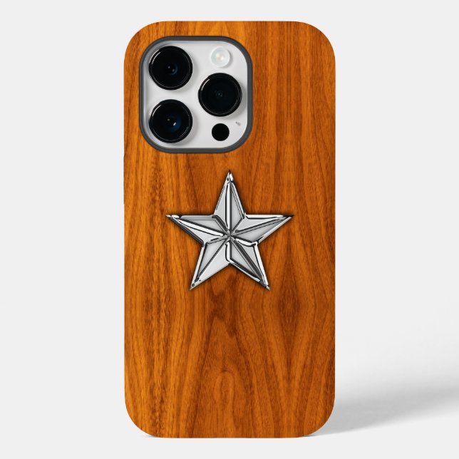 Chrome Nautical Star auf Teak Wood Print Case-Mate iPhone 14 Pro Hülle (Rückseite)
