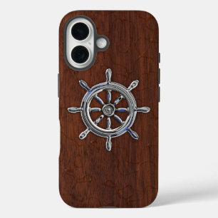 Chrome-Nautikrad auf nassem Mahagoni-Druck iPhone 16 Hülle