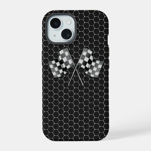 Chrome Racing Flags auf Honeycombs iPhone 15 Hülle (Rückseite)