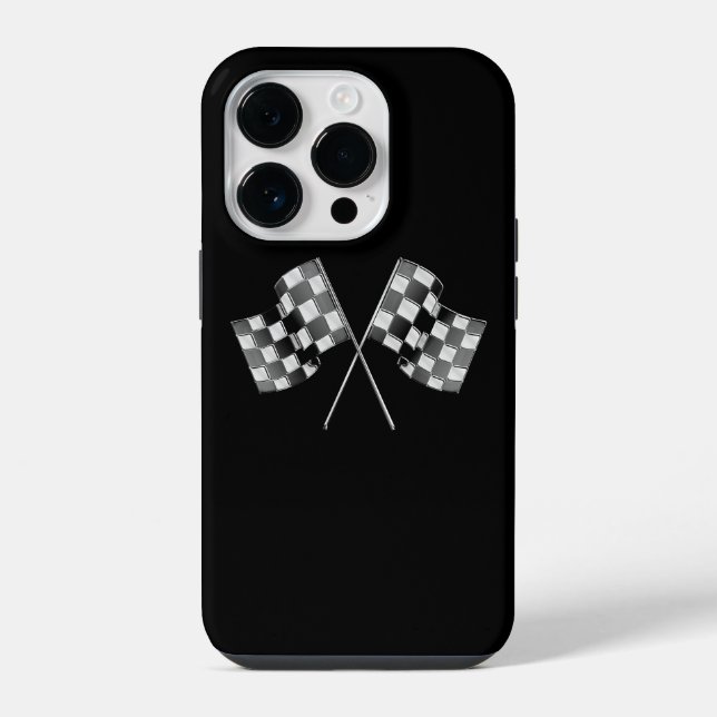 Chrome Racing Flags auf schwarz iPhone 14 Pro Hülle (Rückseite)