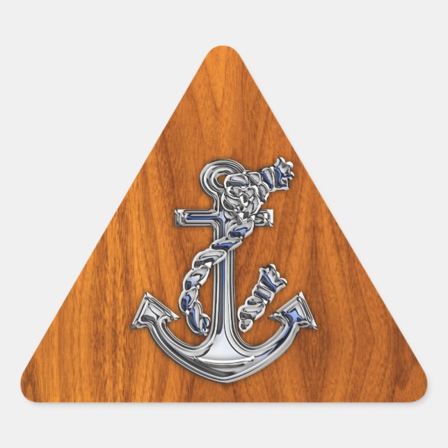 Chrome Rope Anchor auf Teak Veneer Dreieckiger Aufkleber (Vorderseite)