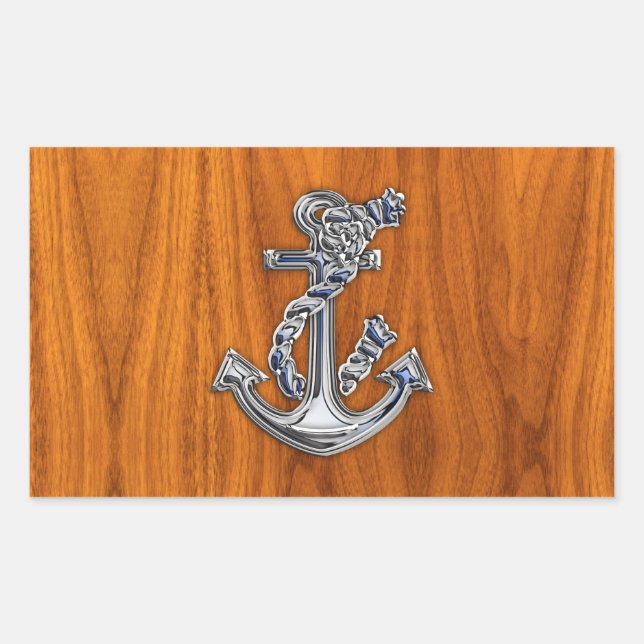 Chrome Rope Anchor auf Teak Veneer Rechteckiger Aufkleber (Vorderseite)