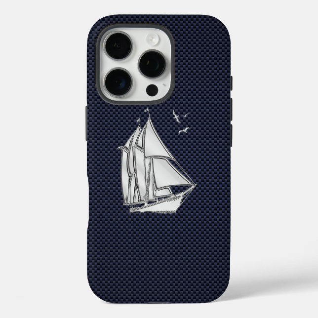 Chrome Sailboat auf Carbon Fibre Print iPhone 16 Pro Hülle (Rückseite)