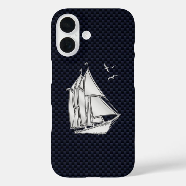 Chrome Sailboat auf Kohlenstofffaser iPhone 16 Hülle (Rückseite)