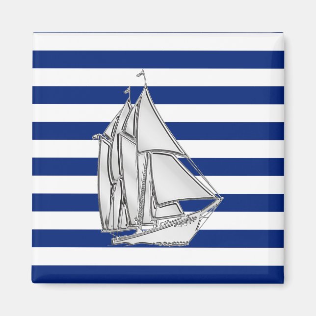 Chrome Sailboat auf nautischen Streifen Magnet (Vorne)