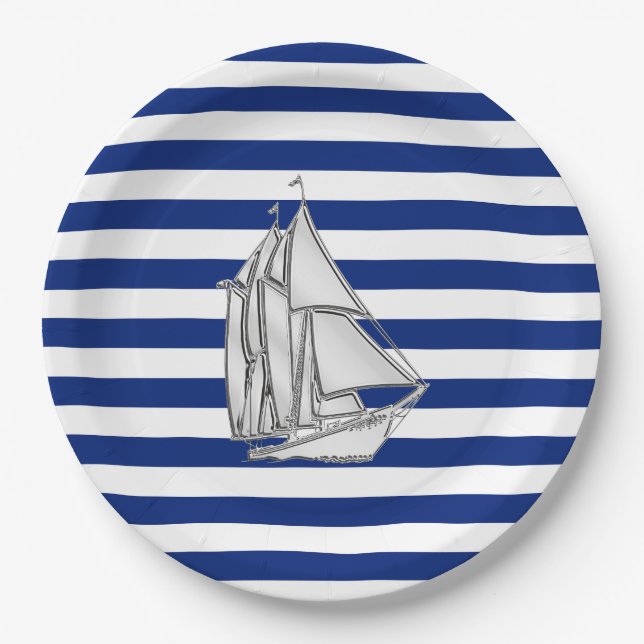 Chrome Sailboat auf nautischen Streifen Pappteller (Vorderseite)