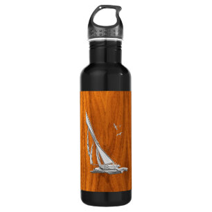 Chrome Sailboat auf Teak Veneer Edelstahlflasche
