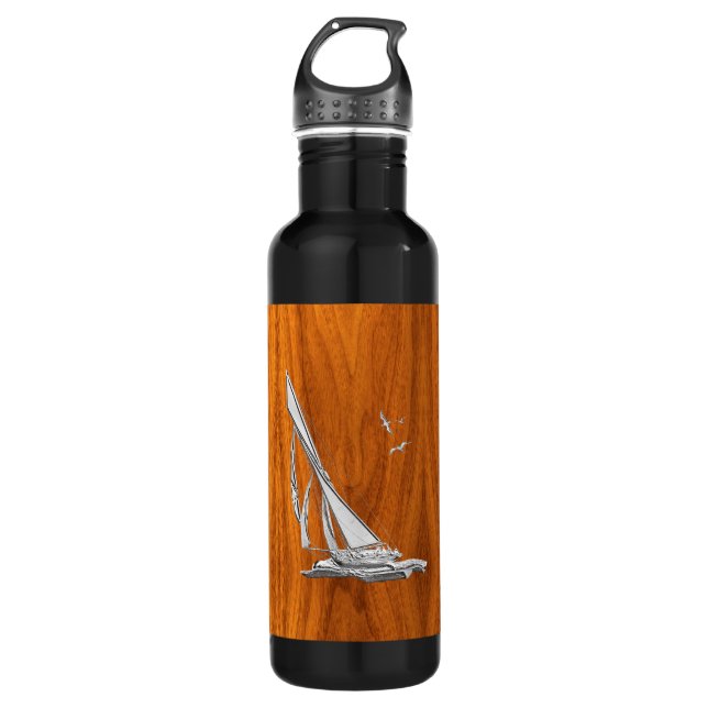 Chrome Sailboat auf Teak Veneer Edelstahlflasche (Vorderseite)