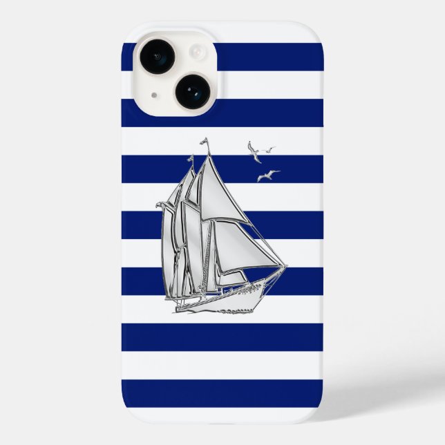 Chrome Sailboat Print on Navy Strips Case-Mate iPhone 14 Hülle (Rückseite)