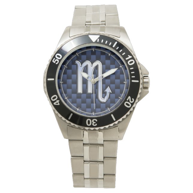 Chrome Scorpio Zodiac Sign auf Blue Carbon Fibre Armbanduhr (Vorderseite)