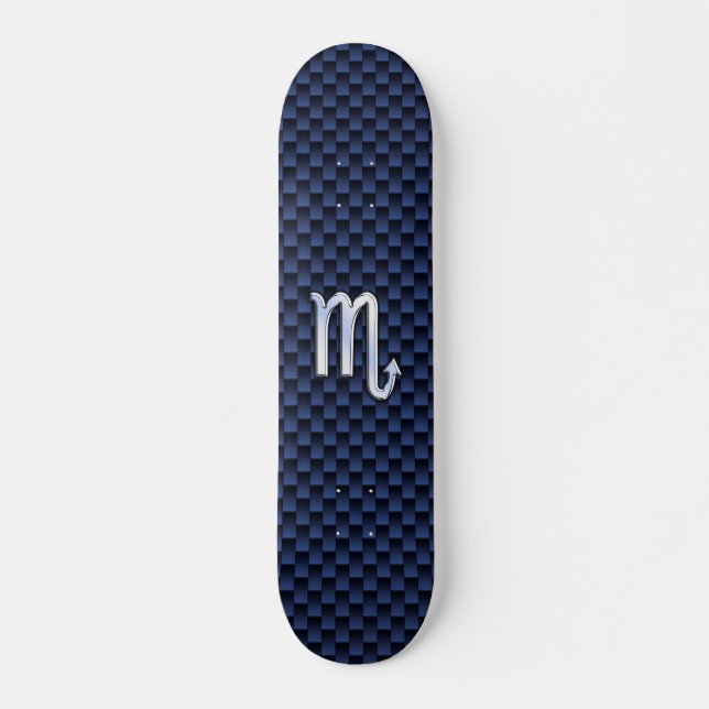 Chrome Scorpio Zodiac Sign auf Blue Carbon Fibre Skateboard (Vorne)