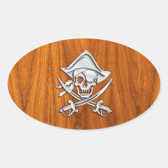 Chrome Silver Pirat on Teak Veneer Decor Ovaler Aufkleber (Vorderseite)