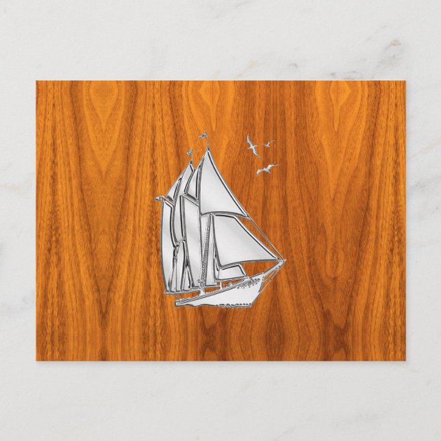 Chrome Silver wie Sailboat auf Teak Veneer Postkarte (Vorderseite)