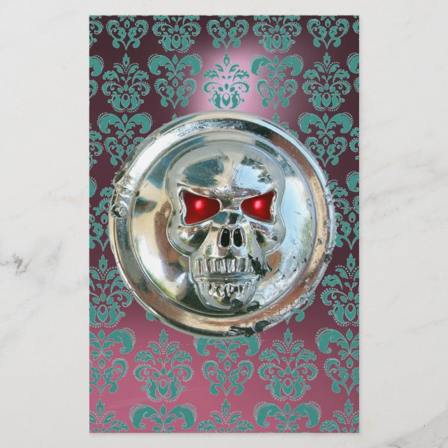 CHROME SKULL DAMASK Blau Pink Lila Amethyst Briefpapier (Vorderseite)
