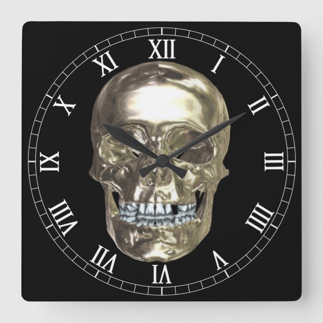 Chrome Skull Square Roman Numerals Clock Quadratische Wanduhr (Vorderseite)
