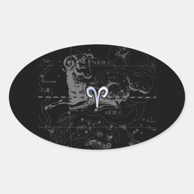 Chrome Style Aries Zodiac Sign auf Hevelius Ovaler Aufkleber (Vorderseite)