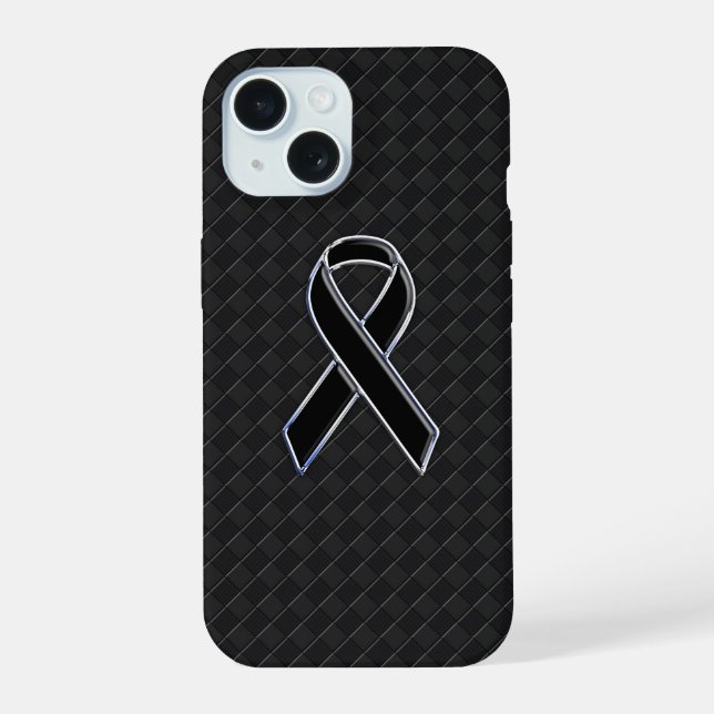 Chrome Style Black Ribbon Awareness iPhone 15 Hülle (Rückseite)
