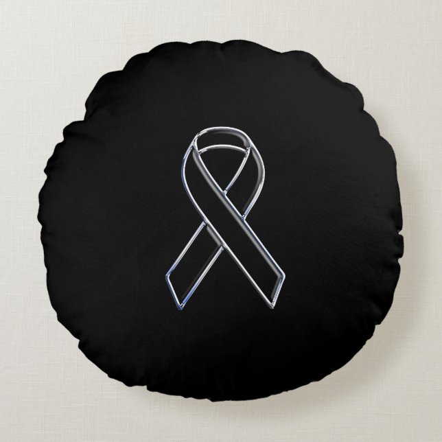 Chrome Style Black Ribbon Awareness on Black Rundes Kissen (Vorderseite)