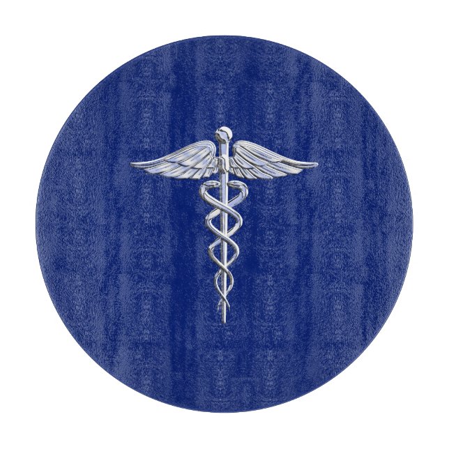 Chrome Style Caduceus Medical Symbol auf Navy Blue Schneidebrett (Vorderseite)