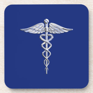 Chrome Style Caduceus Medizin-Symbol auf Marinebla Getränkeuntersetzer