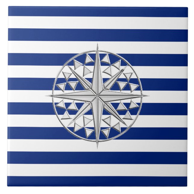 Chrome Style Compass auf nautischen Streifen Fliese (Vorderseite)