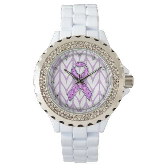 Chrome Style Crystal Pink Ribbon Awareness Strick Armbanduhr (Vorderseite)