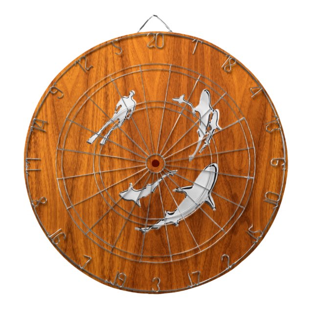 Chrome Style Diver with Sharks on Teak Veneer Dartscheibe (vorne)