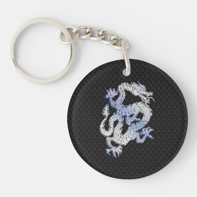 Chrome Style Dragon in Black Snake Skin Print Schlüsselanhänger (Vorderseite)