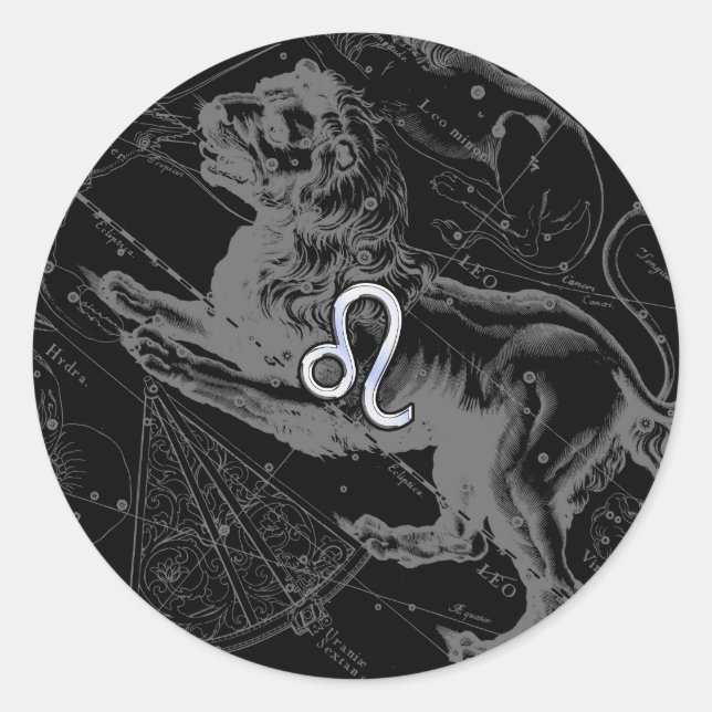 Chrome Style Leo Zodiac Sign auf Hevelius Runder Aufkleber (Vorderseite)