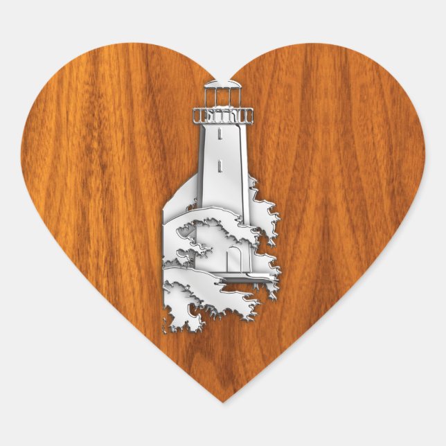 Chrome Style Lighthouse auf Teak Wood Deco Herz-Aufkleber (Vorderseite)