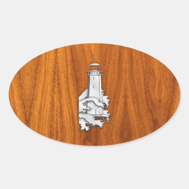 Chrome Style Lighthouse auf Teak Wood Deco Ovaler Aufkleber (Vorderseite)