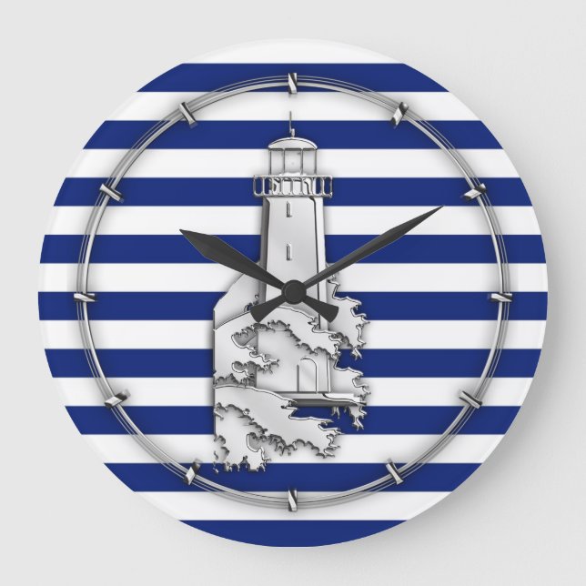 Chrome Style Lighthouse on Blue Nautical Stripes Große Wanduhr (Vorderseite)