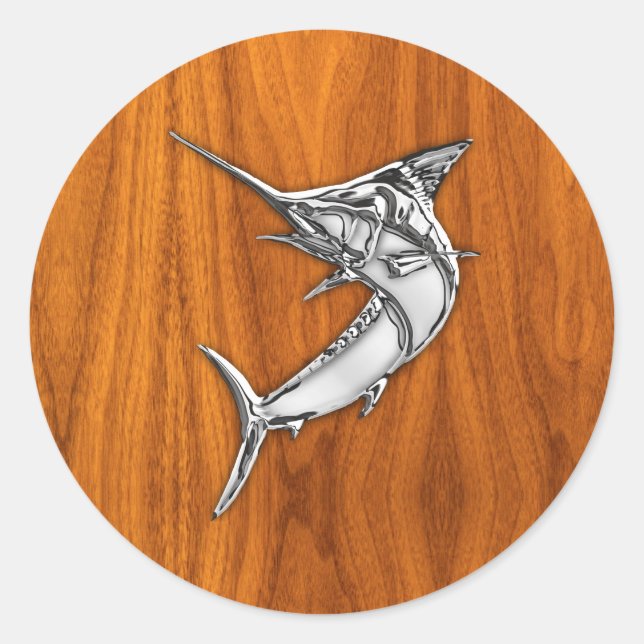 Chrome Style Marlin on Teak Wood Decor Runder Aufkleber (Vorderseite)