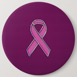 Chrome Style Pink Ribbon Awareness Carbon Fibre Button