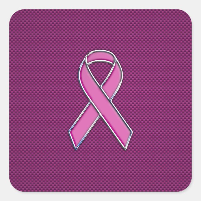 Chrome Style Pink Ribbon Awareness Carbon Fibre Quadratischer Aufkleber (Vorderseite)