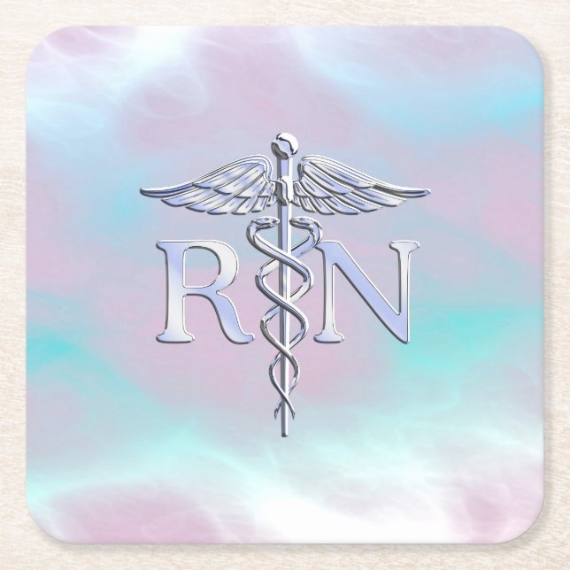 Chrome Style RN Caduceus Medical Mother Pearl Look Rechteckiger Pappuntersetzer (Vorderseite)